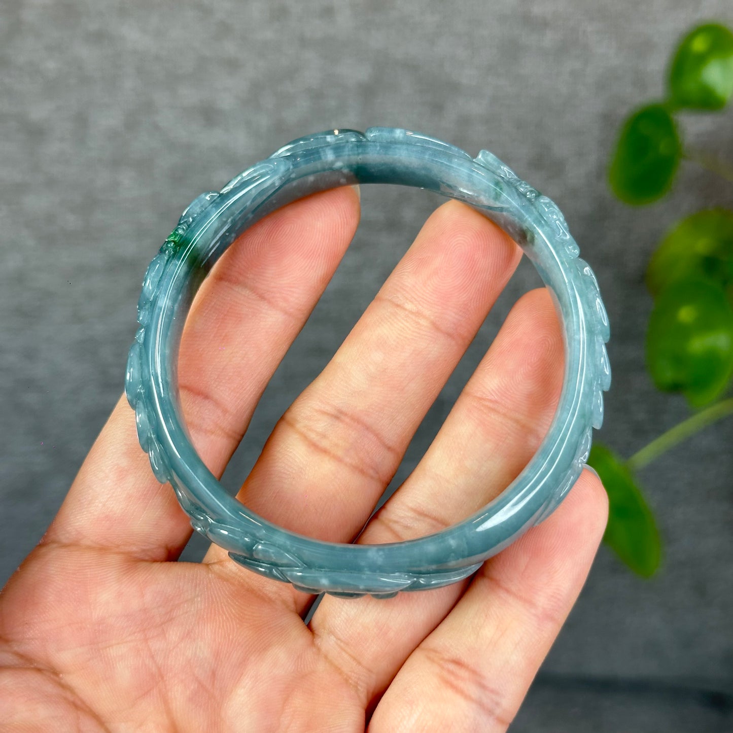 Natural Water Green Money Lotus Carved Bangle Size 58 mm