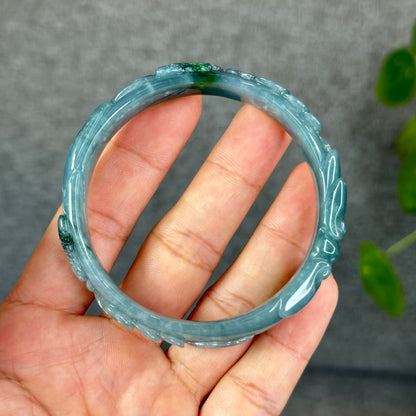 Natural Water Green Money Lotus Carved Bangle Size 58 mm