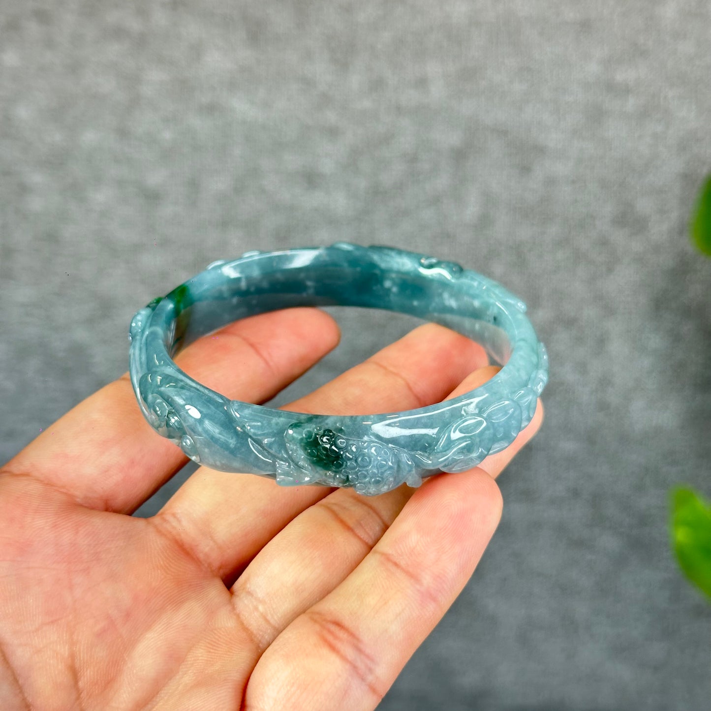 Natural Water Green Money Lotus Carved Bangle Size 58 mm