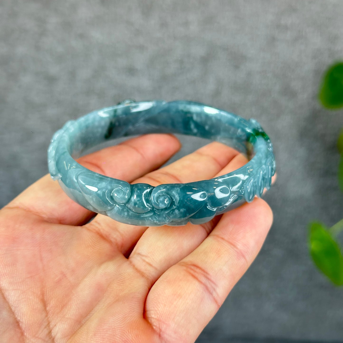 Natural Water Green Money Lotus Carved Bangle Size 58 mm