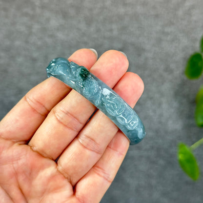 Natural Water Green Money Lotus Carved Bangle Size 58 mm