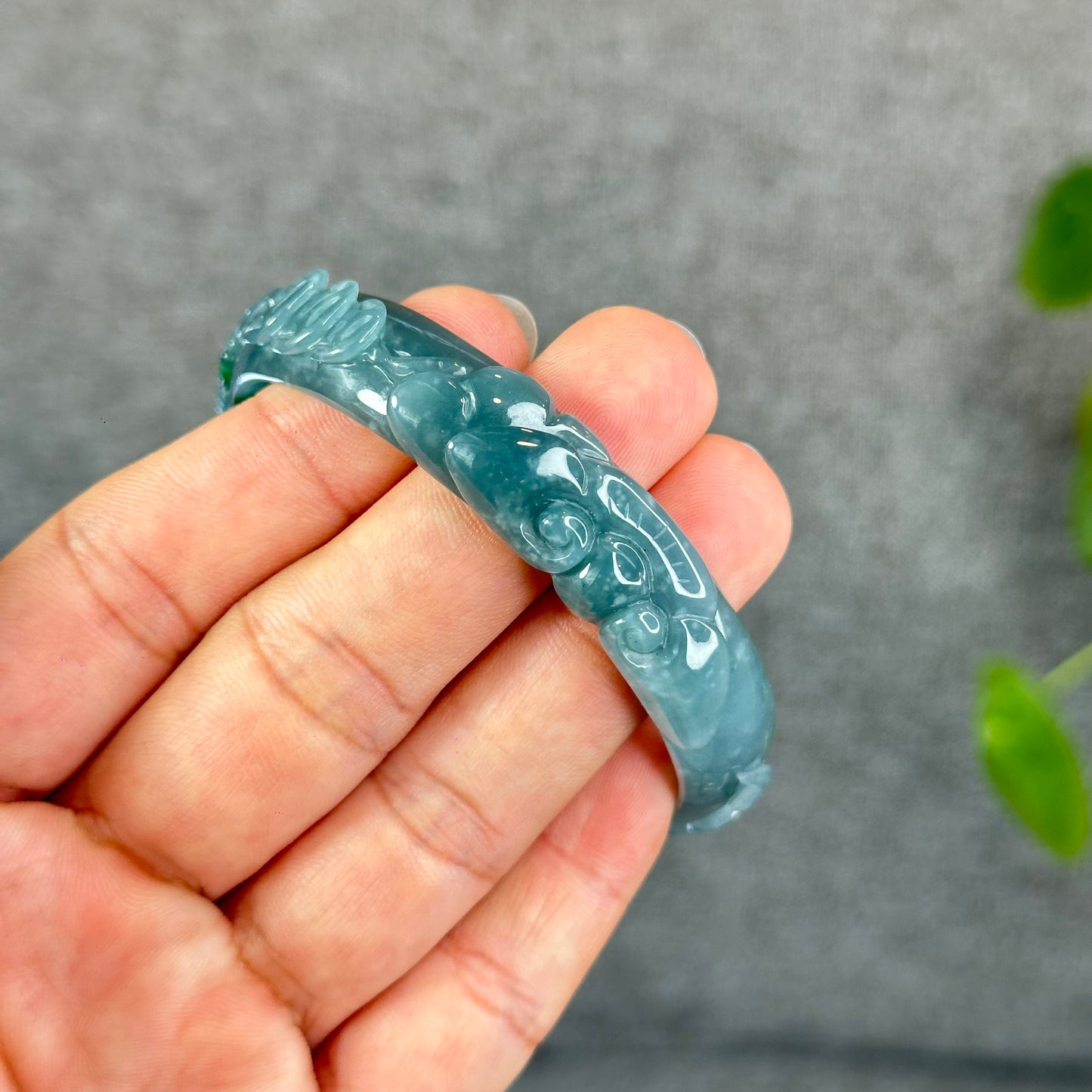 Natural Water Green Money Lotus Carved Bangle Size 58 mm