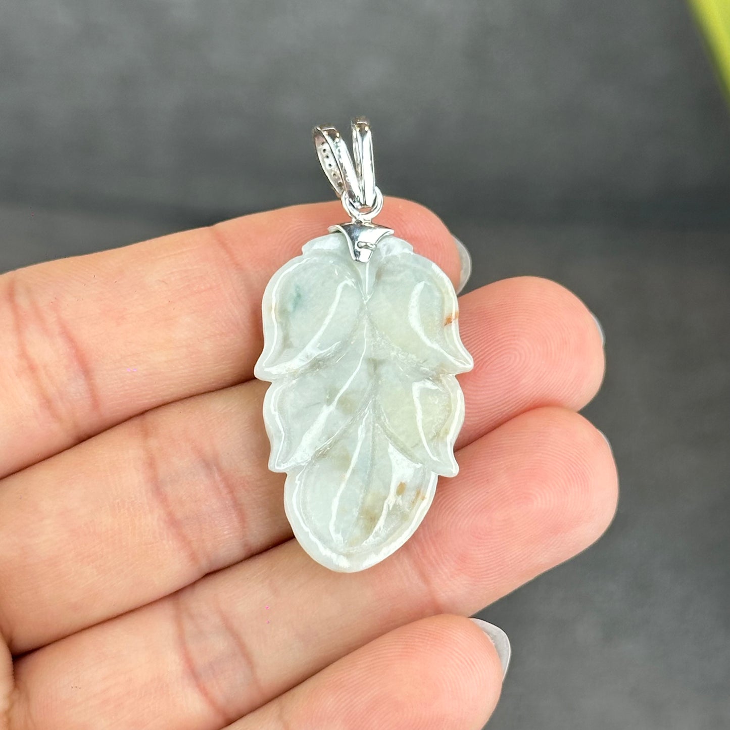 Natural Floral Light Green Leaf Jadeite Jade Pendant White 10k Gold with White Stone Hook