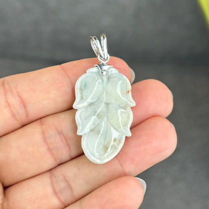 Natural Floral Light Green Leaf Jadeite Jade Pendant White 10k Gold with White Stone Hook