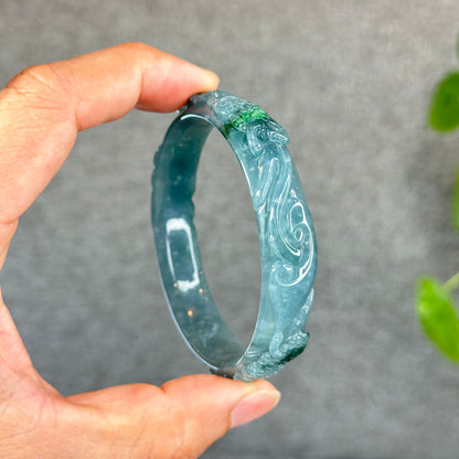 Natural Water Green Money Lotus Carved Bangle Size 58 mm