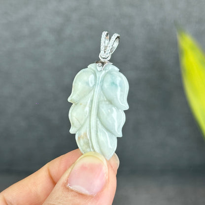 Natural Floral Light Green Leaf Jadeite Jade Pendant White 10k Gold with White Stone Hook