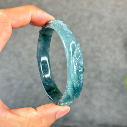 Natural Water Green Money Lotus Carved Bangle Size 58 mm