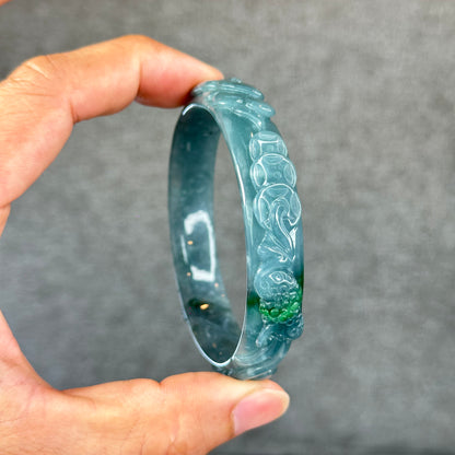 Natural Water Green Money Lotus Carved Bangle Size 58 mm