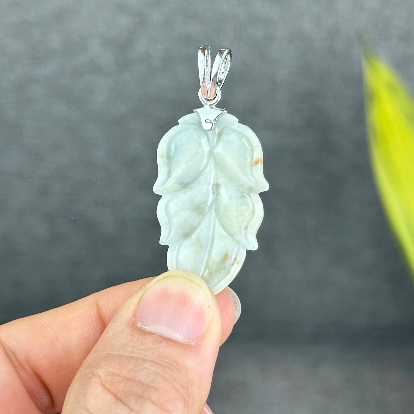 Natural Floral Light Green Leaf Jadeite Jade Pendant White 10k Gold with White Stone Hook