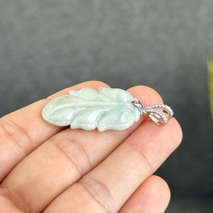 Natural Floral Light Green Leaf Jadeite Jade Pendant White 10k Gold with White Stone Hook