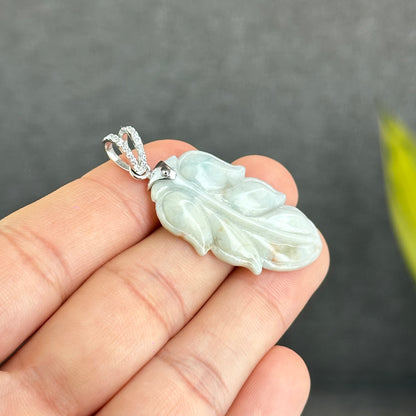 Natural Floral Light Green Leaf Jadeite Jade Pendant White 10k Gold with White Stone Hook