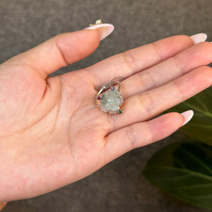 Water Green Natural Jadeite Jade Lotus Flower Ring Three Colour Stone Style in 10k White Gold Setting Size 1.7