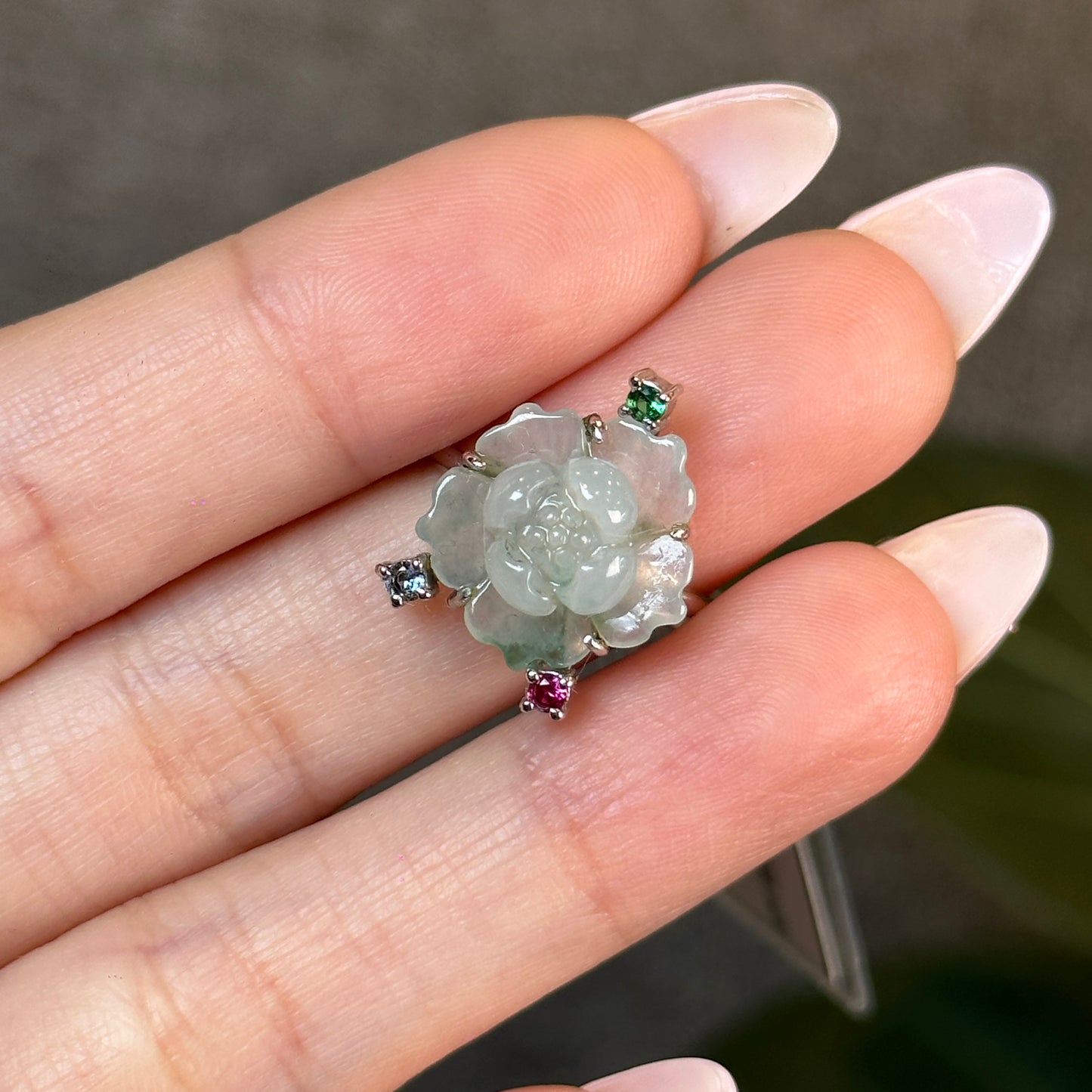 Water Green Natural Jadeite Jade Lotus Flower Ring Three Colour Stone Style in 10k White Gold Setting Size 1.7