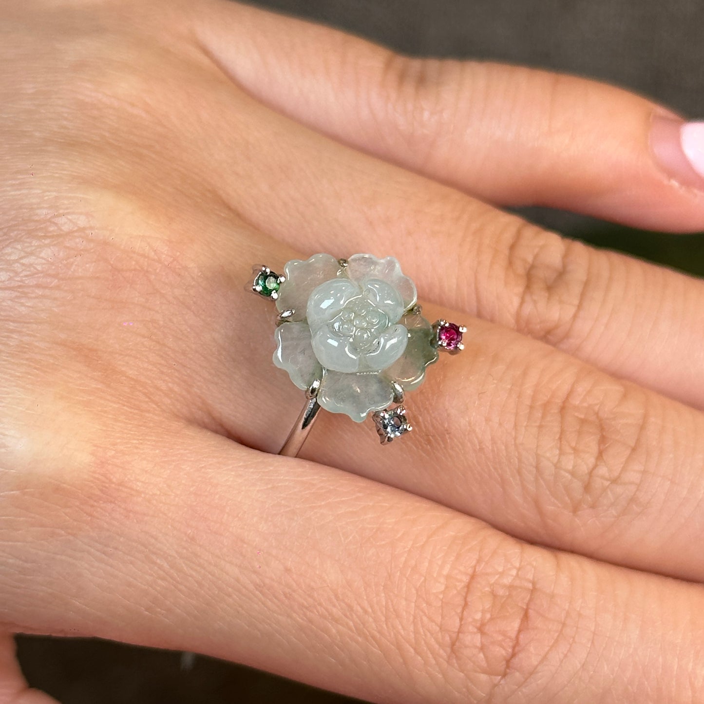 Water Green Natural Jadeite Jade Lotus Flower Ring Three Colour Stone Style in 10k White Gold Setting Size 1.7