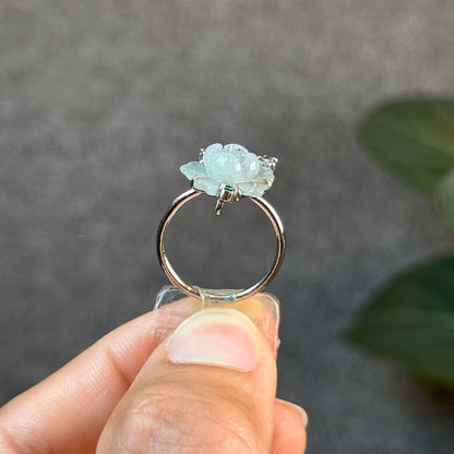 Water Green Natural Jadeite Jade Lotus Flower Ring Three Colour Stone Style in 10k White Gold Setting Size 1.7