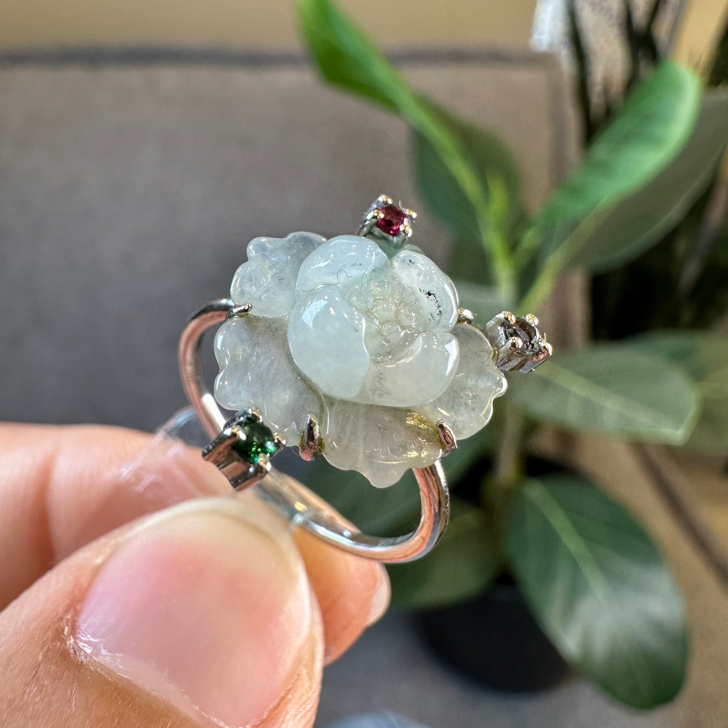 Water Green Natural Jadeite Jade Lotus Flower Ring Three Colour Stone Style in 10k White Gold Setting Size 1.7