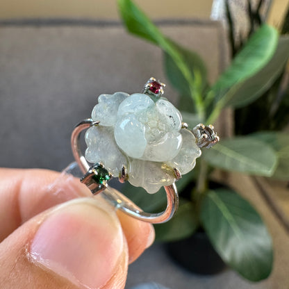 Water Green Natural Jadeite Jade Lotus Flower Ring Three Colour Stone Style in 10k White Gold Setting Size 1.7