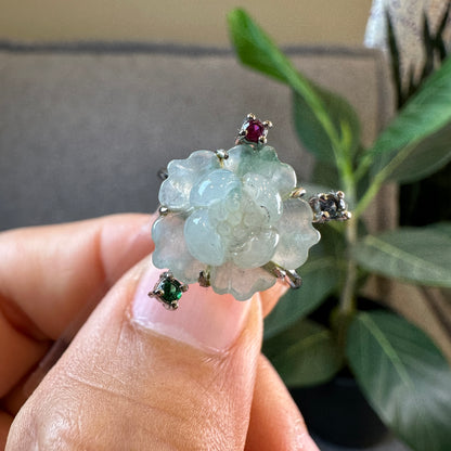 Water Green Natural Jadeite Jade Lotus Flower Ring Three Colour Stone Style in 10k White Gold Setting Size 1.7