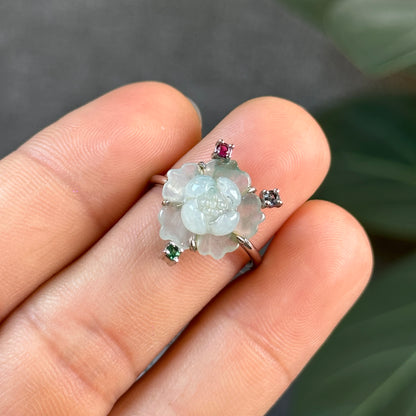 Water Green Natural Jadeite Jade Lotus Flower Ring Three Colour Stone Style in 10k White Gold Setting Size 1.7