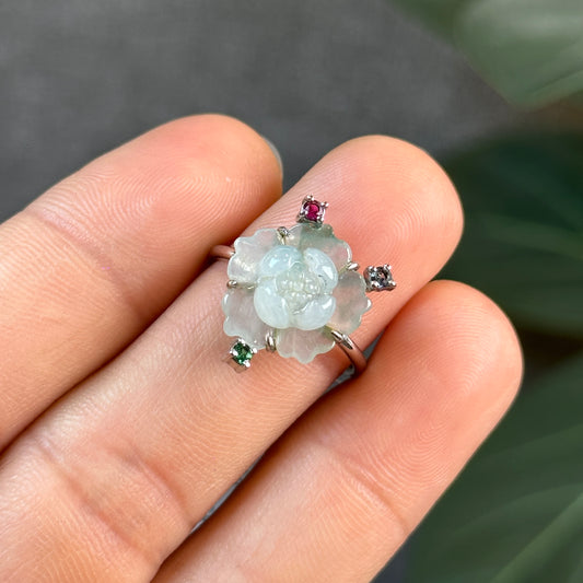 Water Green Natural Jadeite Jade Lotus Flower Ring Three Colour Stone Style in 10k White Gold Setting Size 1.7