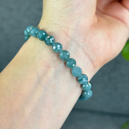 Natural Water Green Jadeite Jade Faceted Bracelet Size 9.5 mm