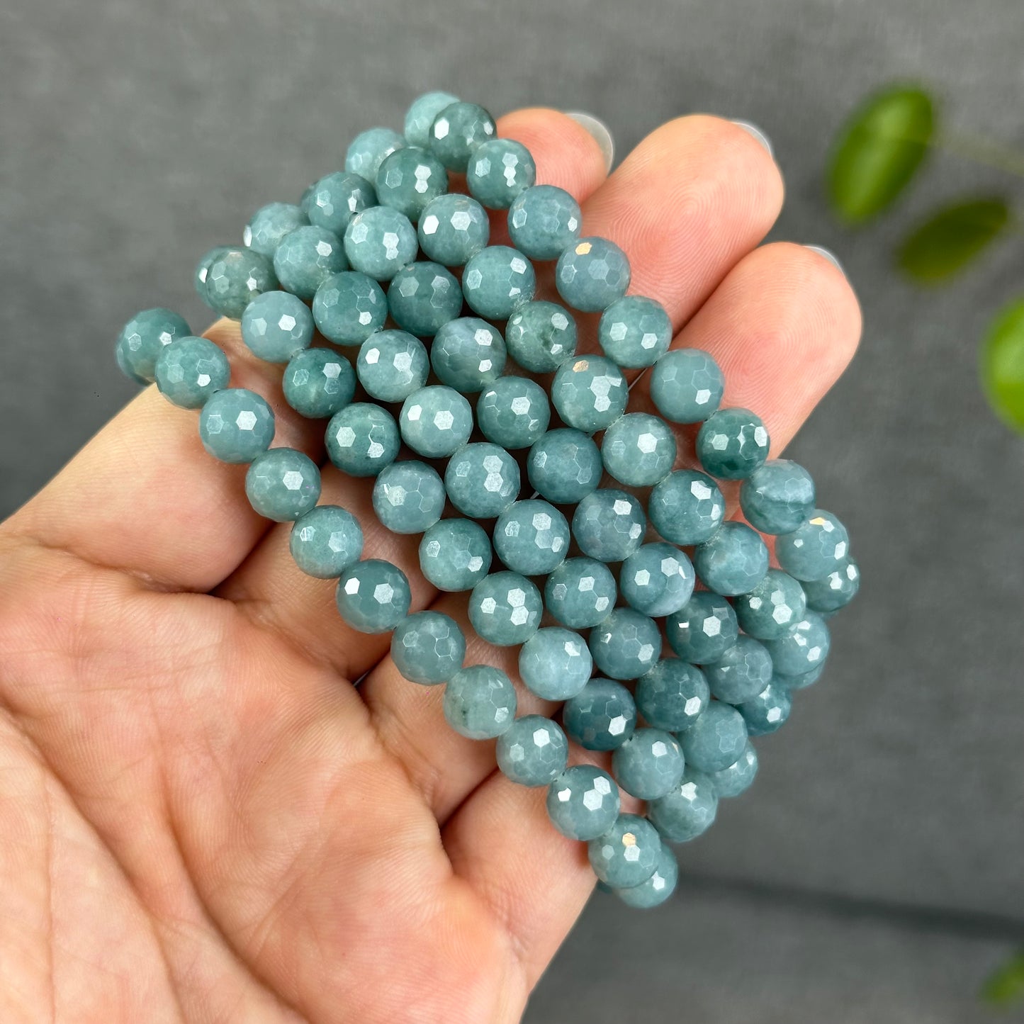 Natural Water Green Jadeite Jade Faceted Bracelet Size 7.5 mm