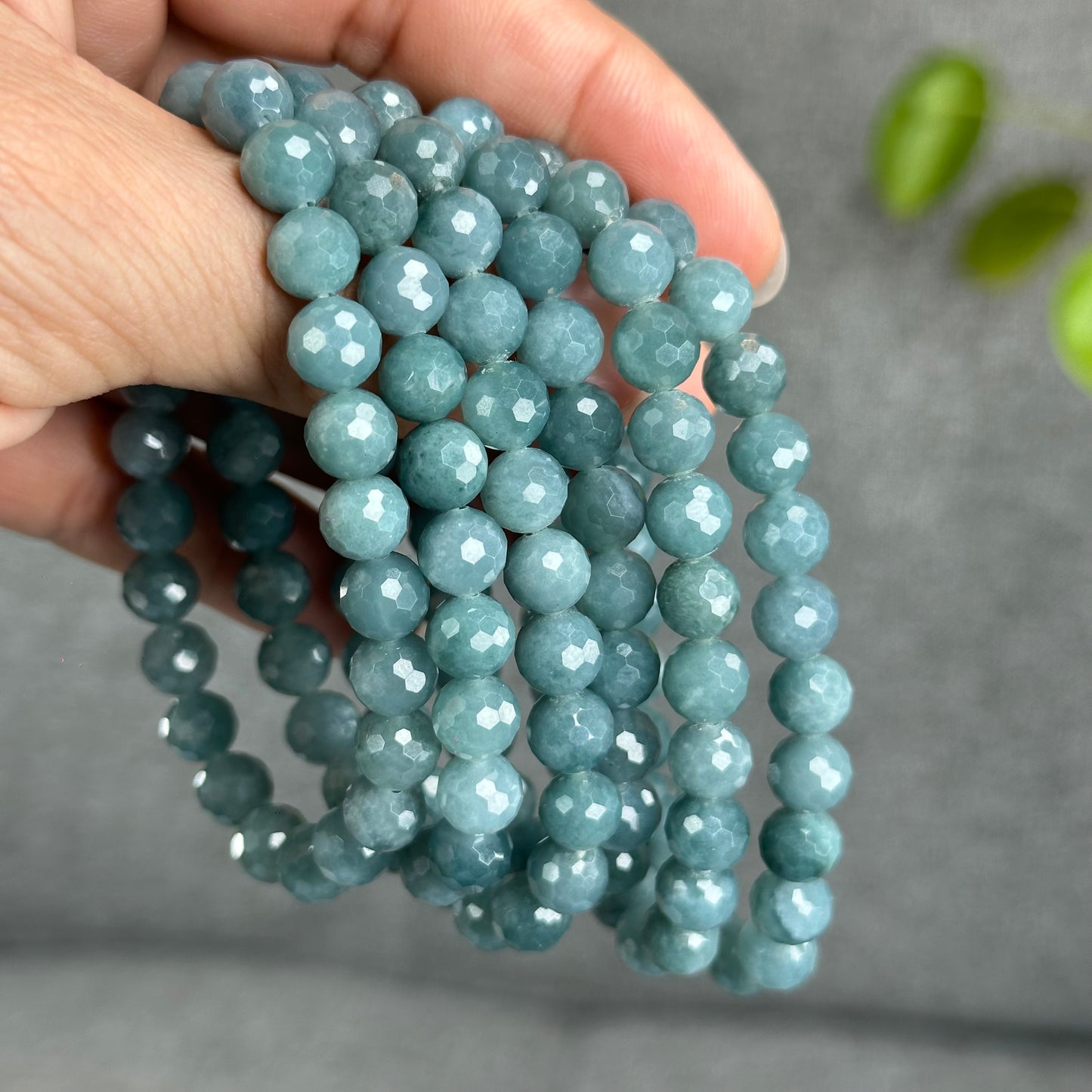 Natural Water Green Jadeite Jade Faceted Bracelet Size 9.5 mm