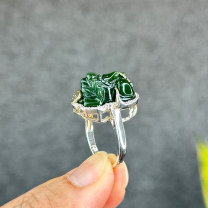 Bague Pixiu Nephrite Jade Argent avec Serti Pierre Blanche Taille 1.7