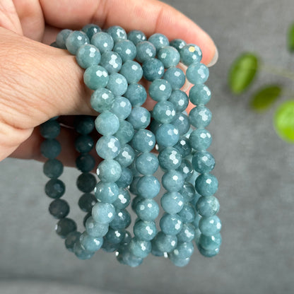 Natural Water Green Jadeite Jade Faceted Bracelet Size 9.5 mm