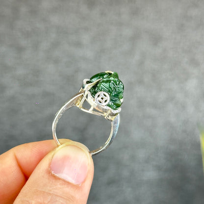 Bague Pixiu Nephrite Jade Argent avec Serti Pierre Blanche Taille 1.7