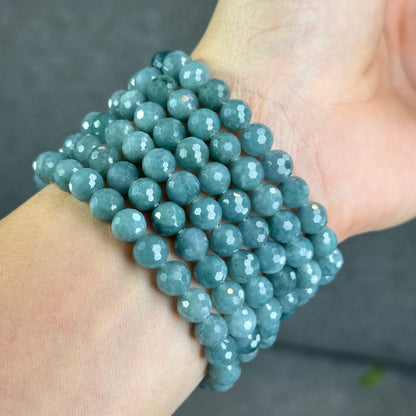 Natural Water Green Jadeite Jade Faceted Bracelet Size 9.5 mm