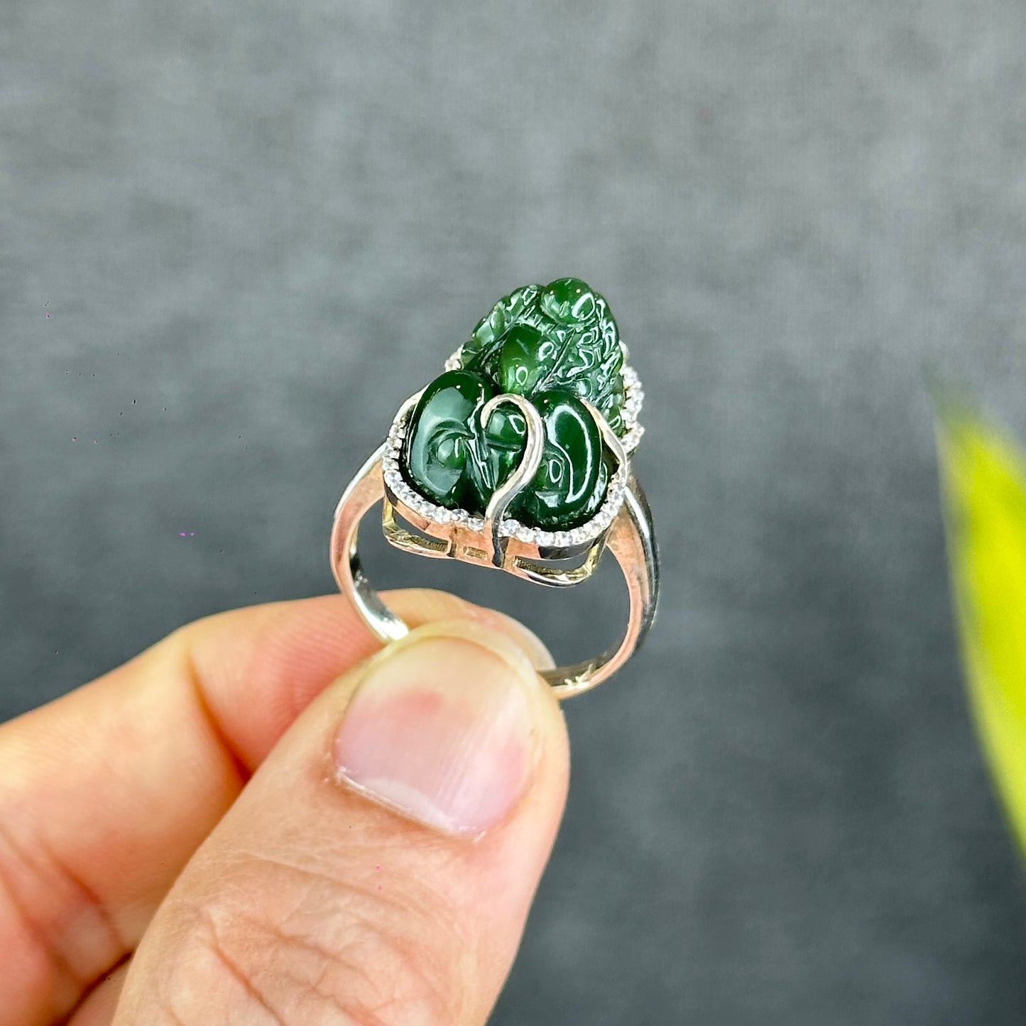 Bague Pixiu Nephrite Jade Argent avec Serti Pierre Blanche Taille 1.7