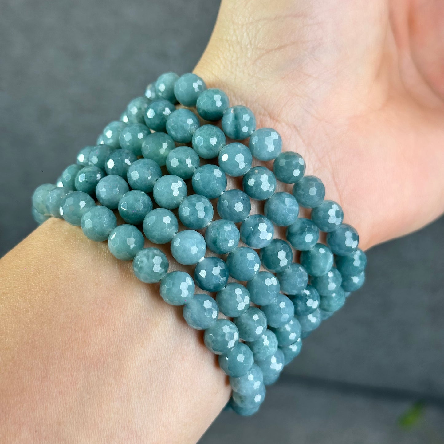 Natural Water Green Jadeite Jade Faceted Bracelet Size 9.5 mm