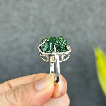 Bague Pixiu Nephrite Jade Argent avec Serti Pierre Blanche Taille 1.7