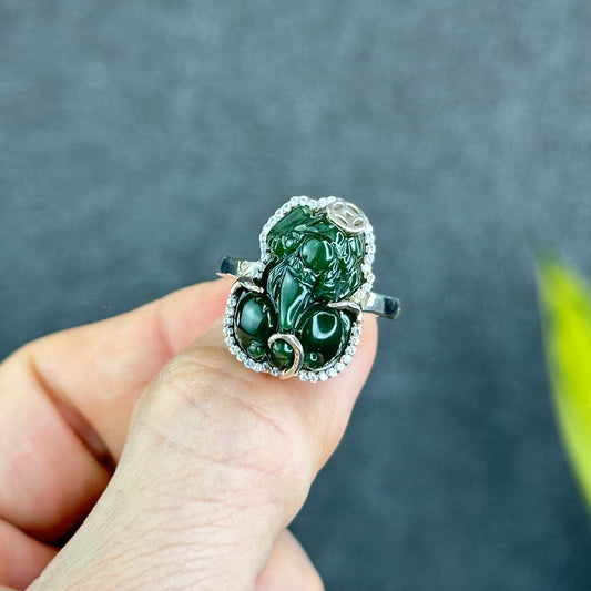 Pixiu Natural Nephrite Jade Ring Silver with White Stone Setting Size 2.0