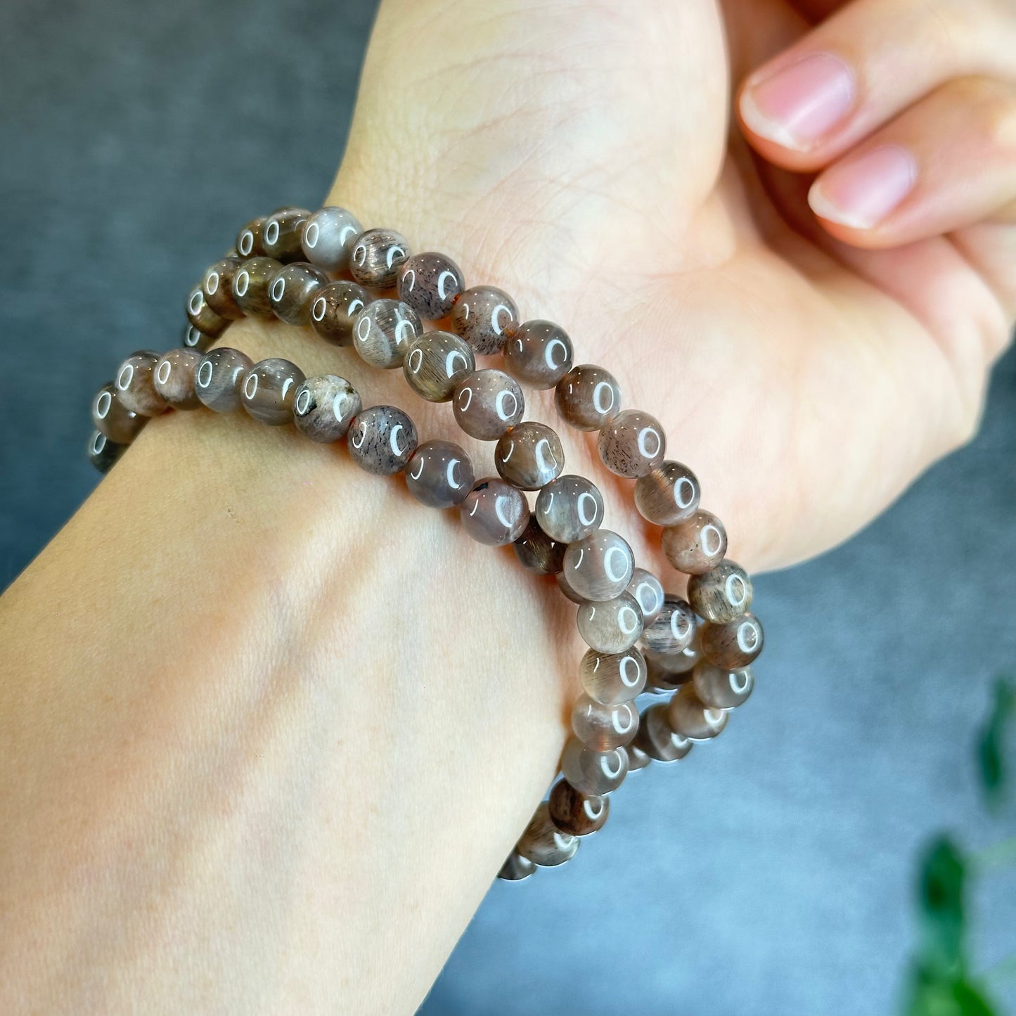 Grey/Golden Skeletal Sunstone Triple Wrap Bracelet Size 6.5 mm