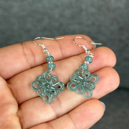 Natural Water Green Jadeite Jade Flower Earrings