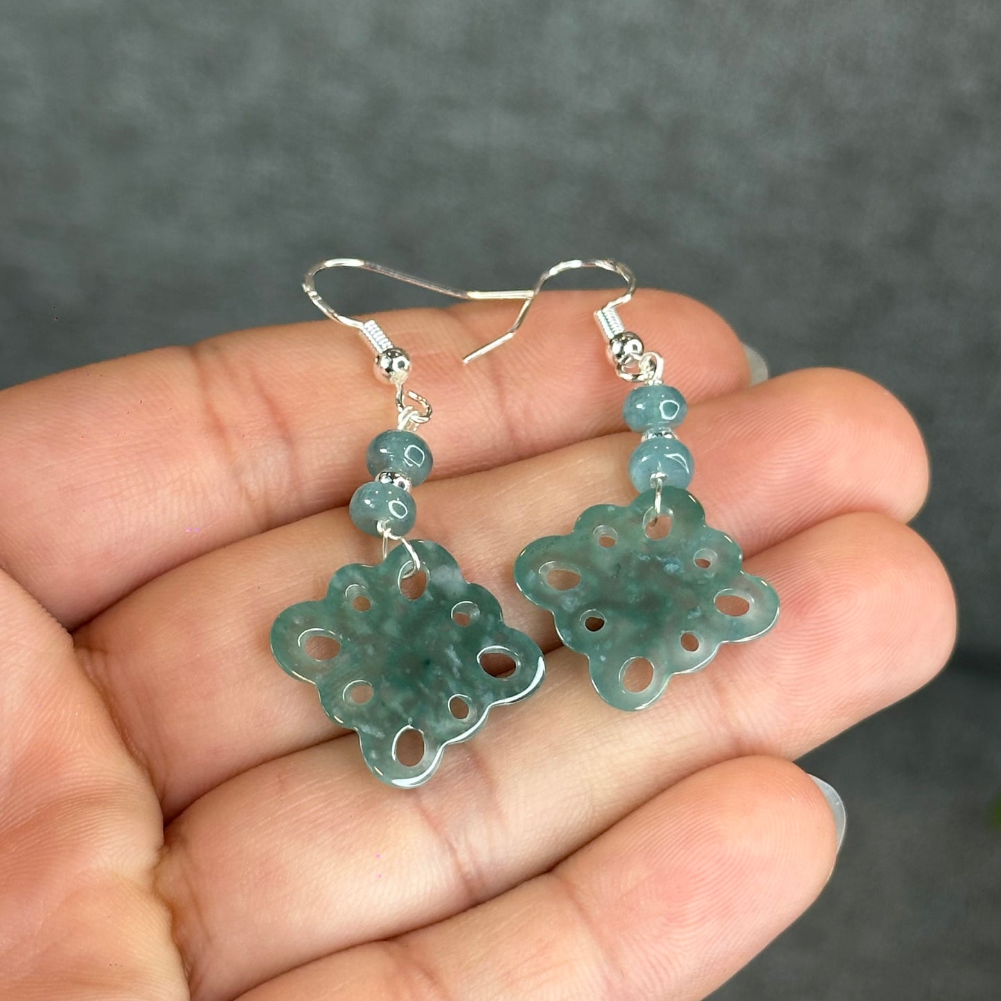 Natural Water Green Jadeite Jade Flower Earrings