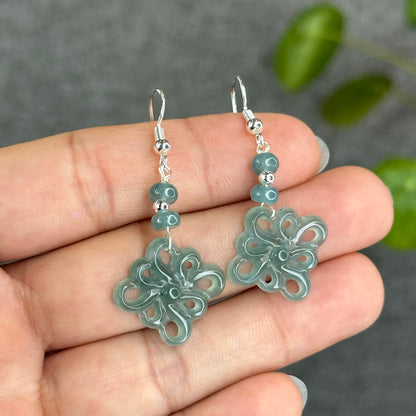 Natural Water Green Jadeite Jade Flower Earrings