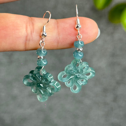 Natural Water Green Jadeite Jade Flower Earrings