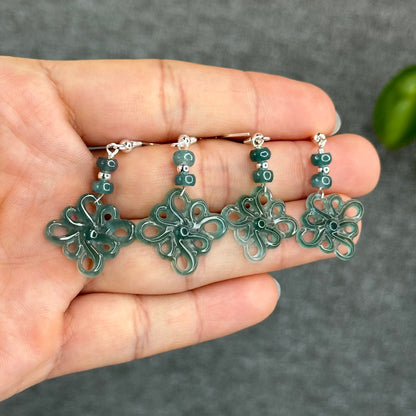 Natural Water Green Jadeite Jade Flower Earrings