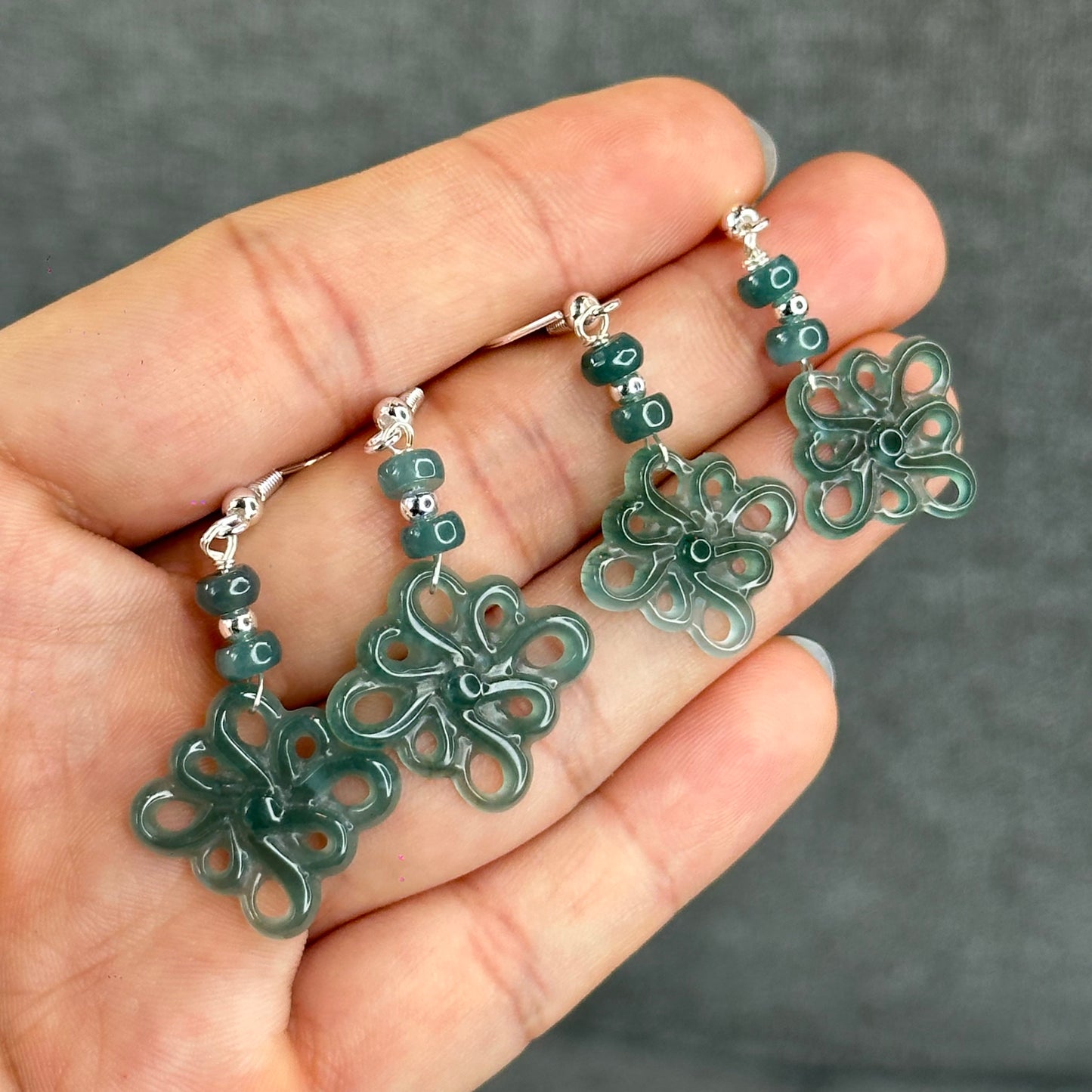 Natural Water Green Jadeite Jade Flower Earrings