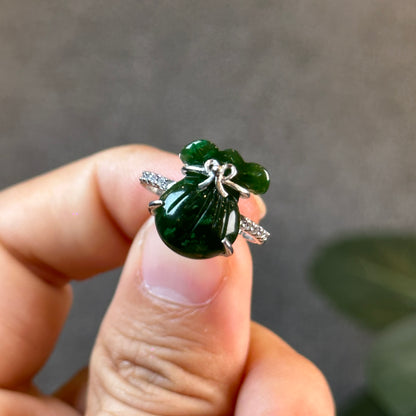 Prosperous Bag Natural Nephrite Jade Silver Ring Size 1.7 (Free Size)