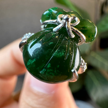 Prosperous Bag Natural Nephrite Jade Silver Ring Size 1.7 (Free Size)