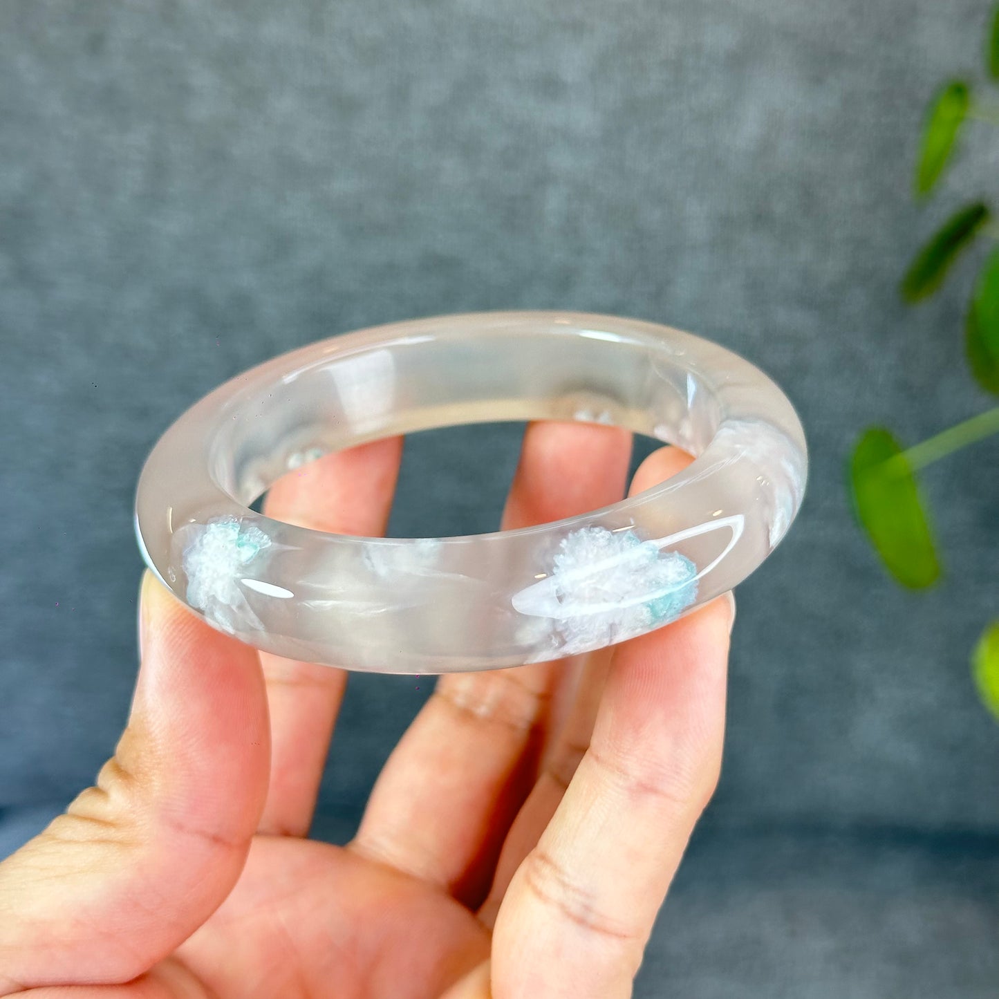 Natural Floral Agate Bangle Size 59.5 with Matching Red-Pink-Green Tassel