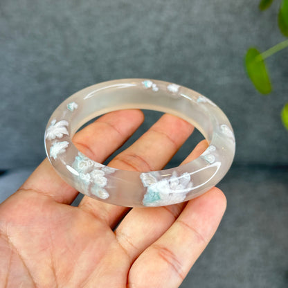 Natural Floral Agate Bangle Size 59.5 with Matching Red-Pink-Green Tassel
