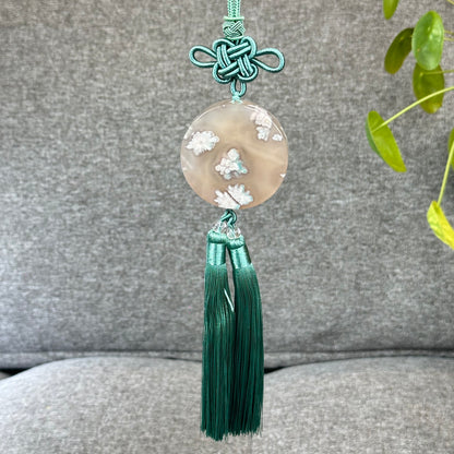 Natural Floral Agate Bangle Size 59.5 with Matching Red-Pink-Green Tassel