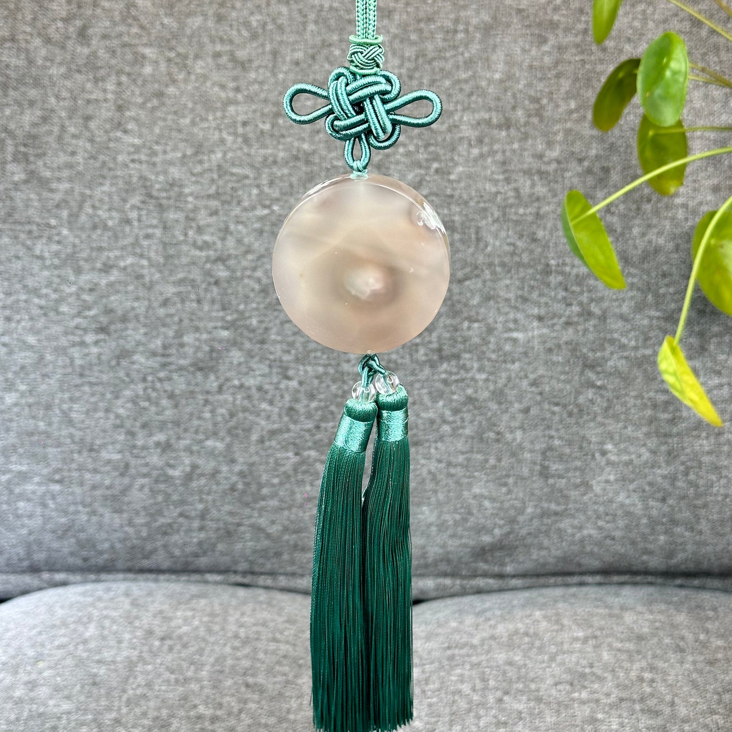Natural Floral Agate Bangle Size 59.5 with Matching Red-Pink-Green Tassel