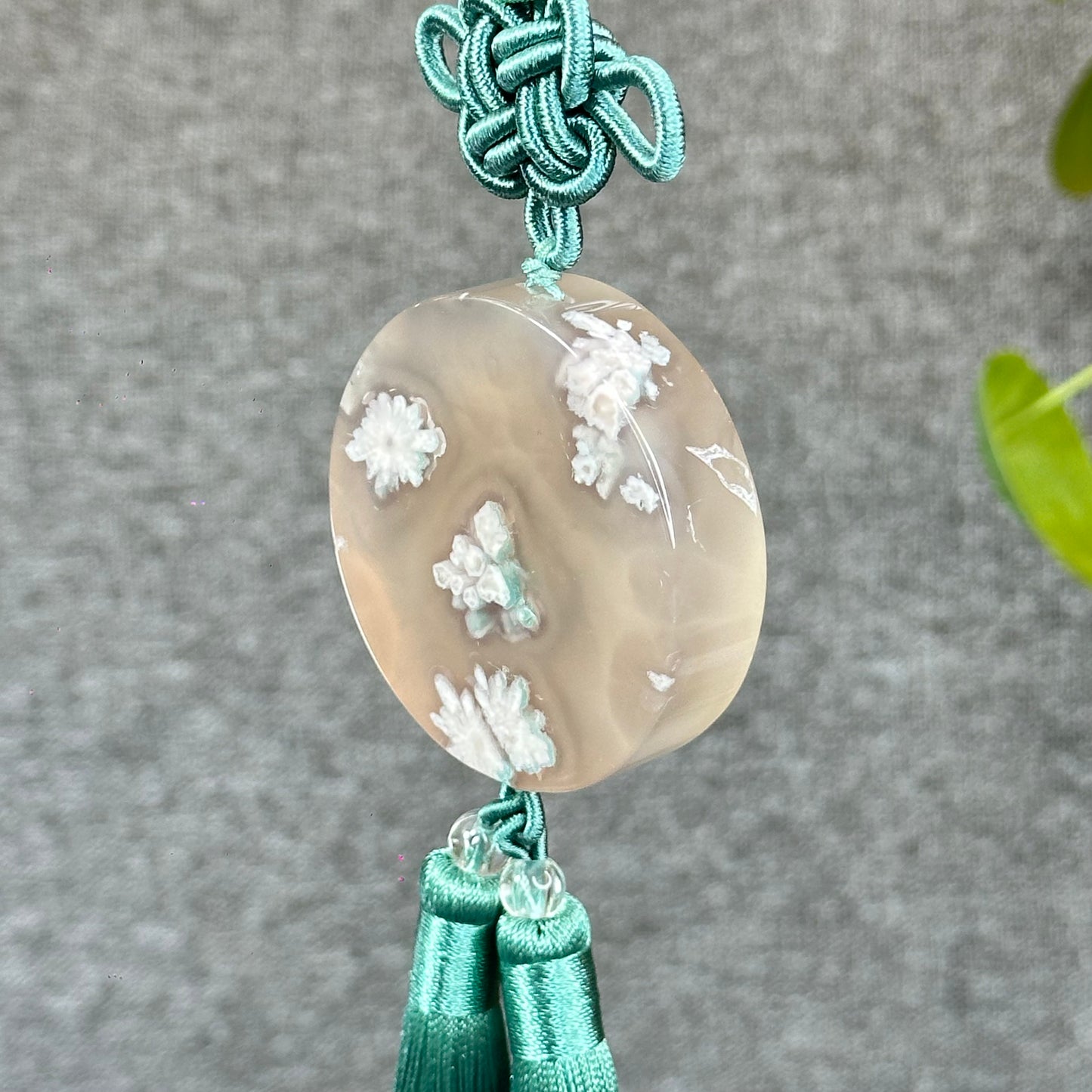 Natural Floral Agate Bangle Size 59.5 with Matching Red-Pink-Green Tassel