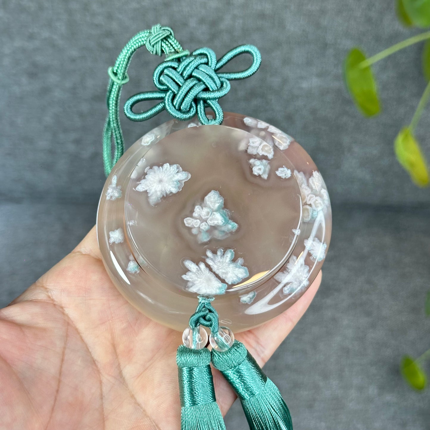 Natural Floral Agate Bangle Size 59.5 with Matching Red-Pink-Green Tassel